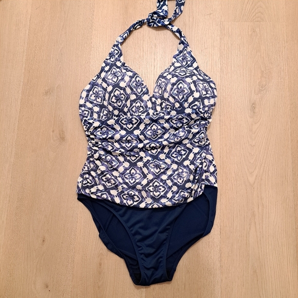 Lauren Ralph Lauren Other - LRL Navy Blue White Geometric Floral Halter Cute One Piece Swimsuit Size XL